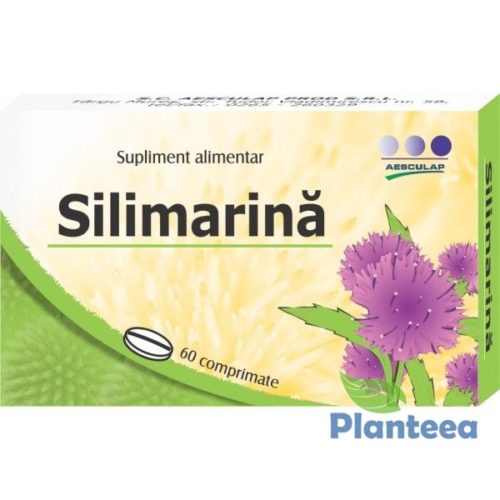 cutie de silimarina in culor verde crem violet cu reprezentarea unei plante de silimarina iar pe cutie scrie silimarina