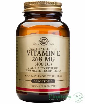 flacon de culoare maro cu eticheta pe care scrie cu litere mai mari vitamin e 268 mg