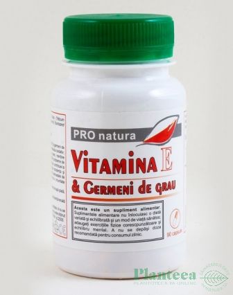 flacon alb cu dob verde cu eticheta de de vitamina e cu germeni de grau 