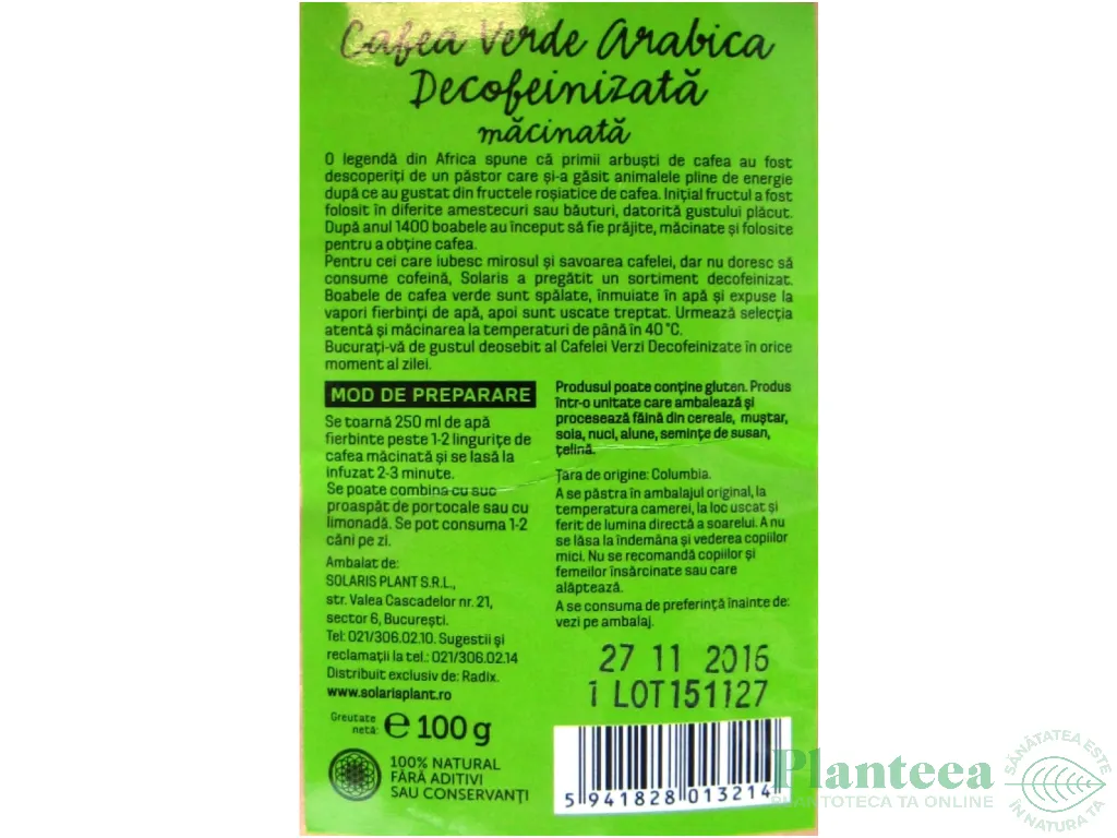 Cafea verde arabica macinata decofeinizata 100g - SOLARIS