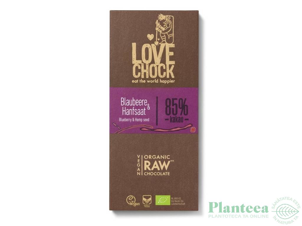 Ciocolata neagra 85%cacao afine canepa raw eco 70g - LOVECHOCK