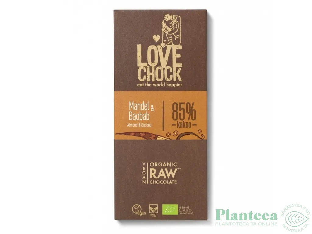 Ciocolata neagra 85%cacao migdale baobab raw eco 70g - LOVECHOCK