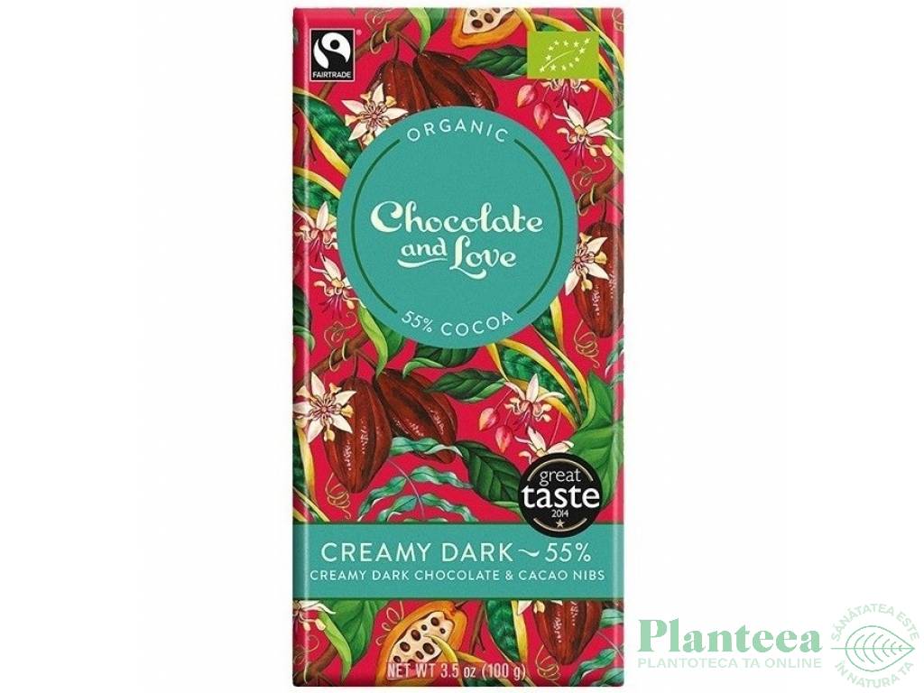 Ciocolata neagra 55% cremoasa cacao nibs eco 100g - CHOCOLATE & LOVE