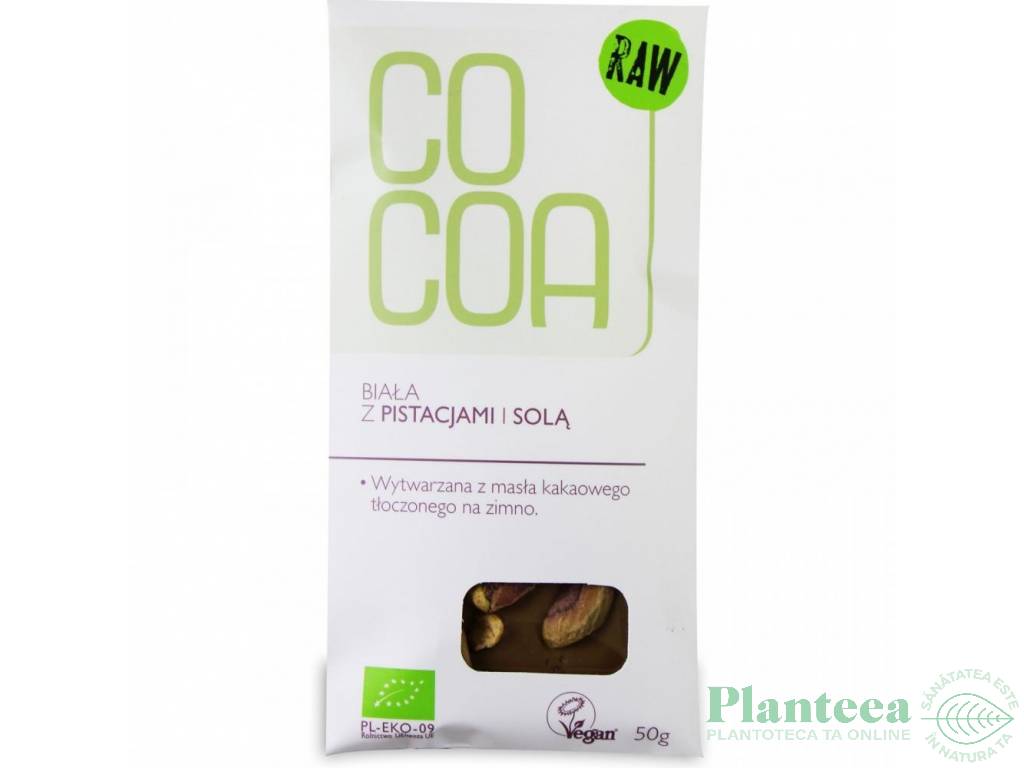 Ciocolata alba fistic intreg sare raw eco 50g - COCOA