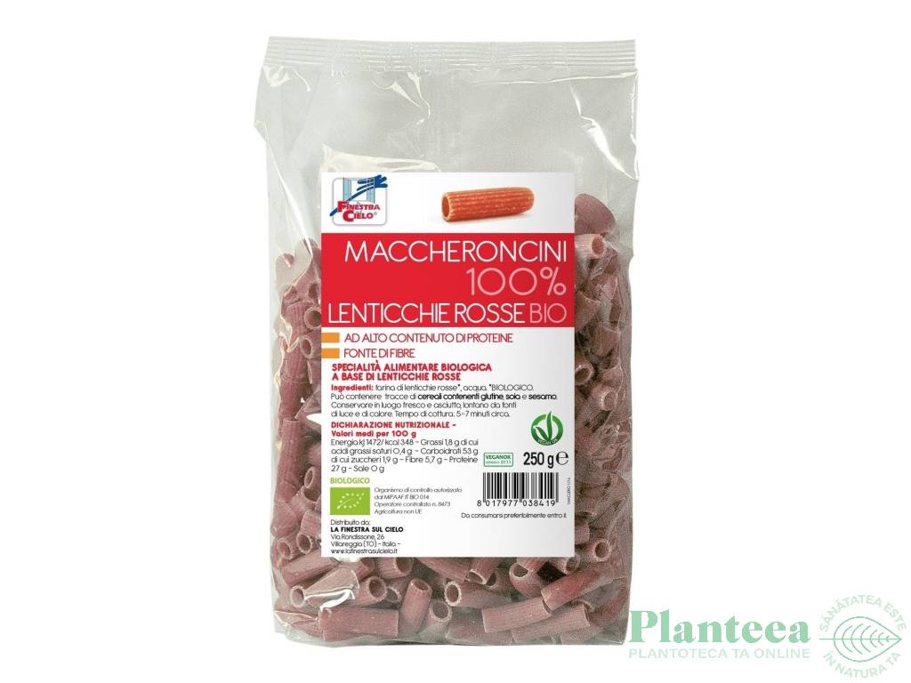 Paste macaroane linte rosie eco 100% 250g - LA FINESTRA SUL CIELO