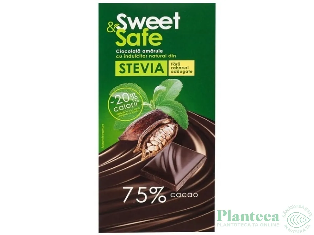 Ciocolata amaruie 75%cacao stevia 90g - SWEET&SAFE
