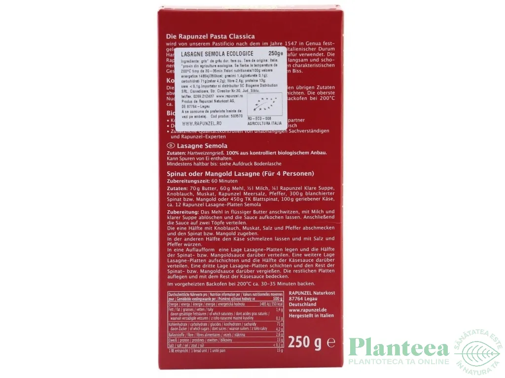 Paste lasagna grau semola eco 250g - RAPUNZEL