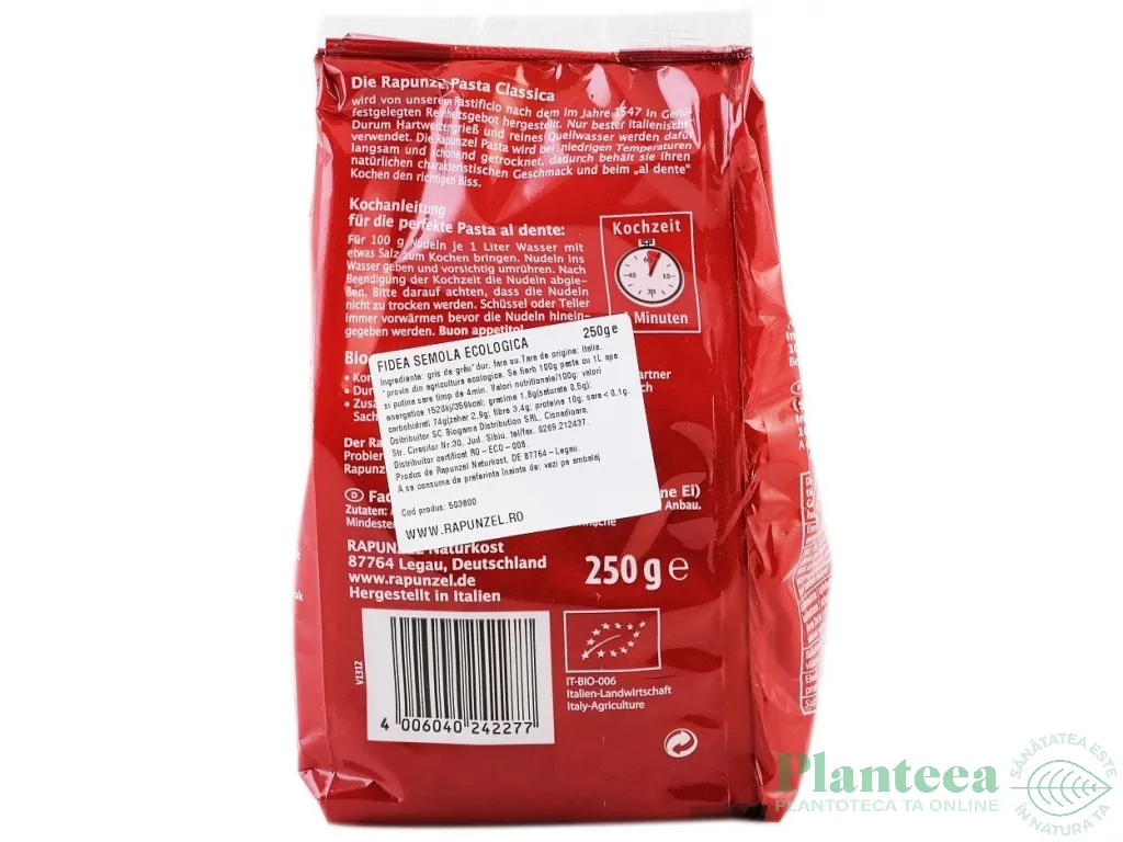 Paste fidea subtire grau semola eco 250g - RAPUNZEL