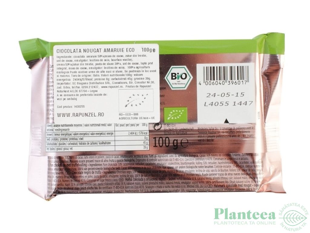 Ciocolata amaruie cu crema nuga eco 100g - RAPUNZEL
