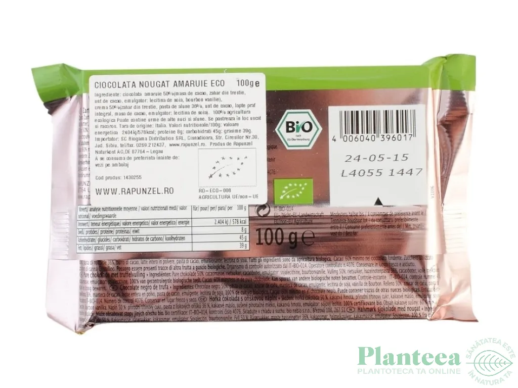 Ciocolata amaruie cu crema nuga eco 100g - RAPUNZEL