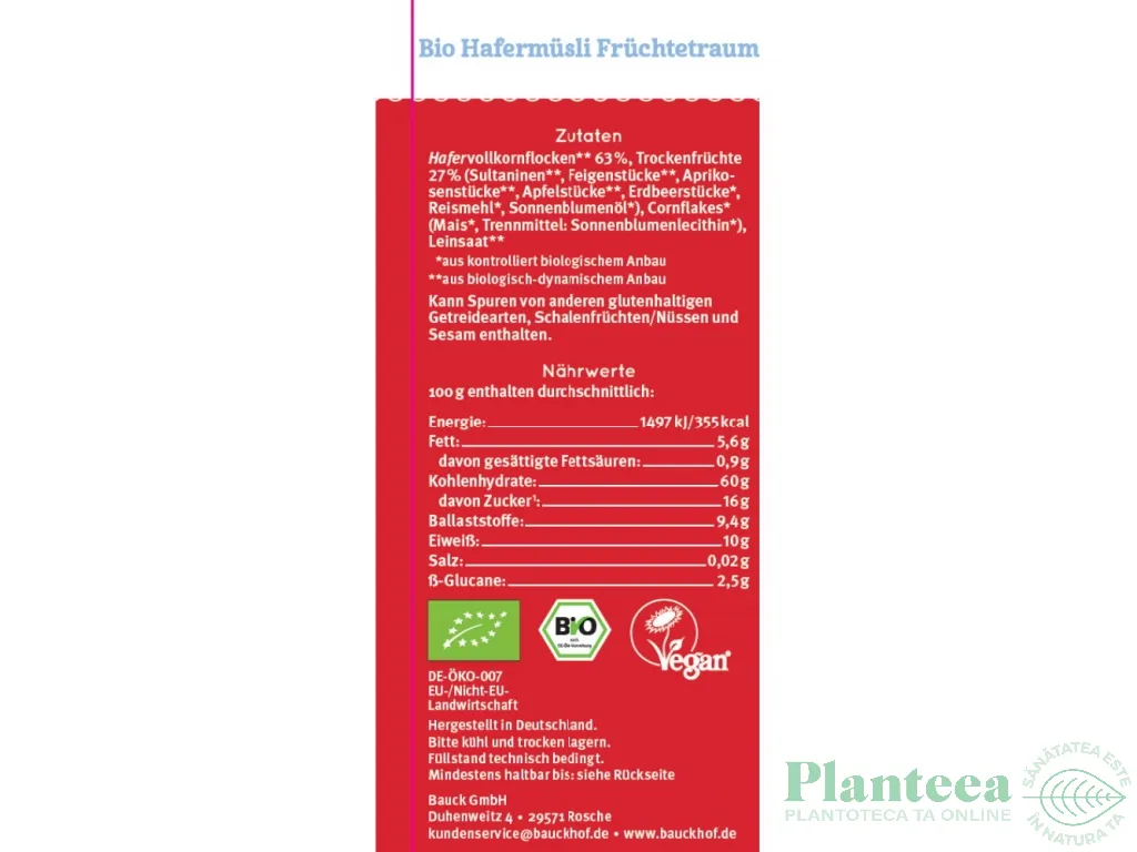 Musli ovaz fructe neindulcit bio 425g - BAUCK HOF