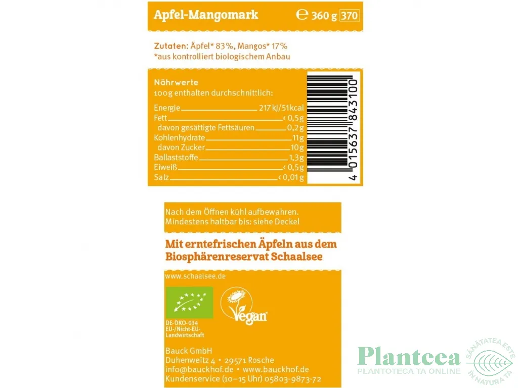 Piure mere mango fara zahareco 360g - BAUCK HOF