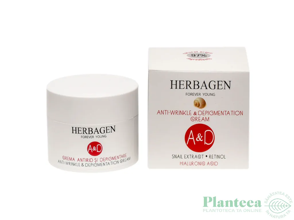 Crema antirid depigmentare extract melc acid hialuronic retinol A&D 50g - HERBAGEN
