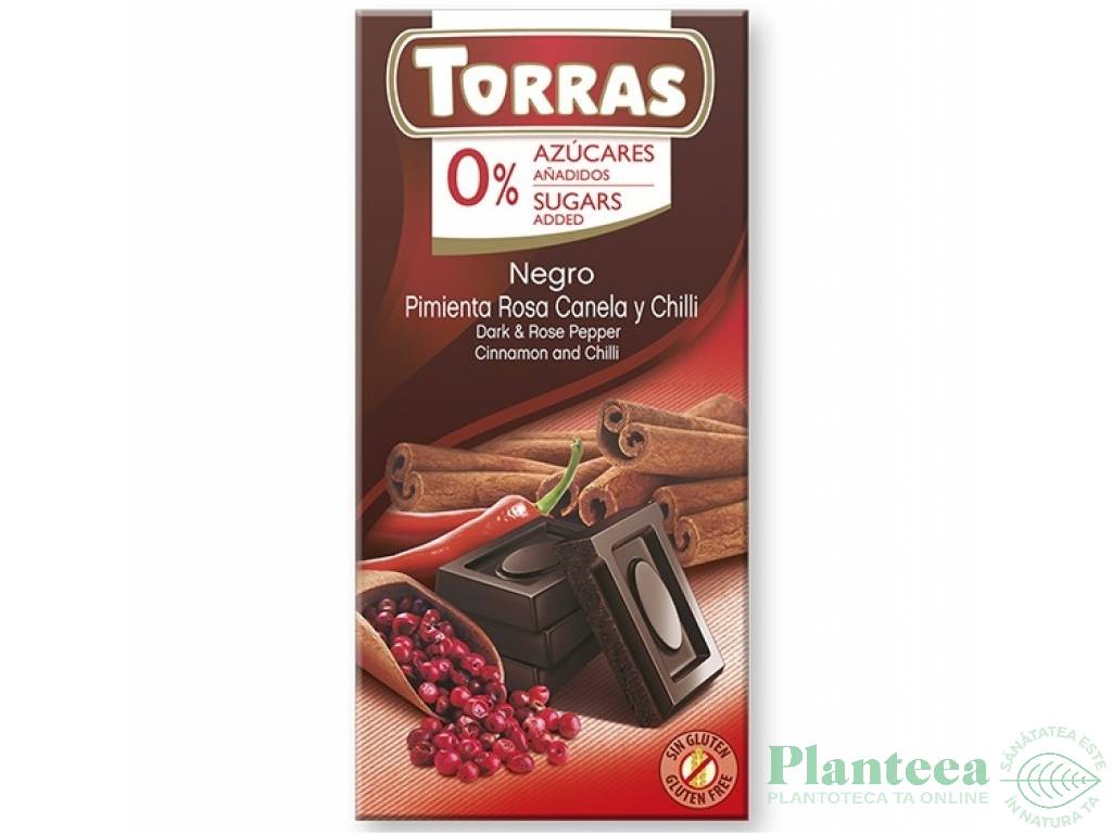 Ciocolata neagra 52%cacao piper roz scortisoara chilli fara zahar fara gluten 75g - TORRAS