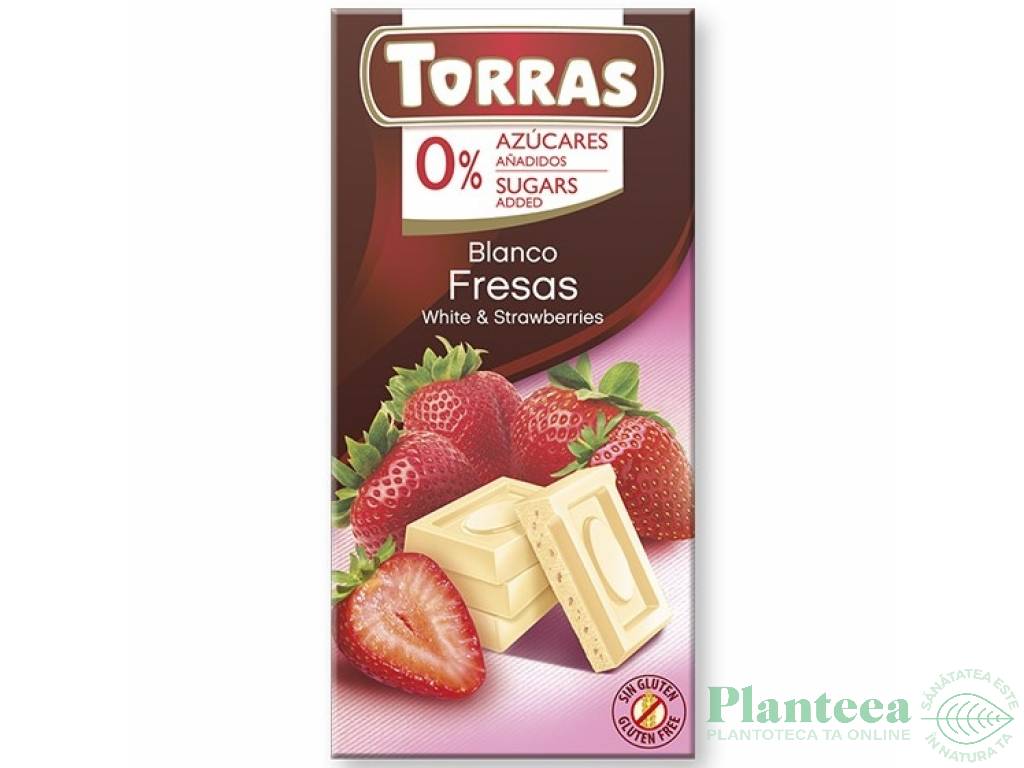 Ciocolata alba capsuni fara zahar fara gluten 75g - TORRAS