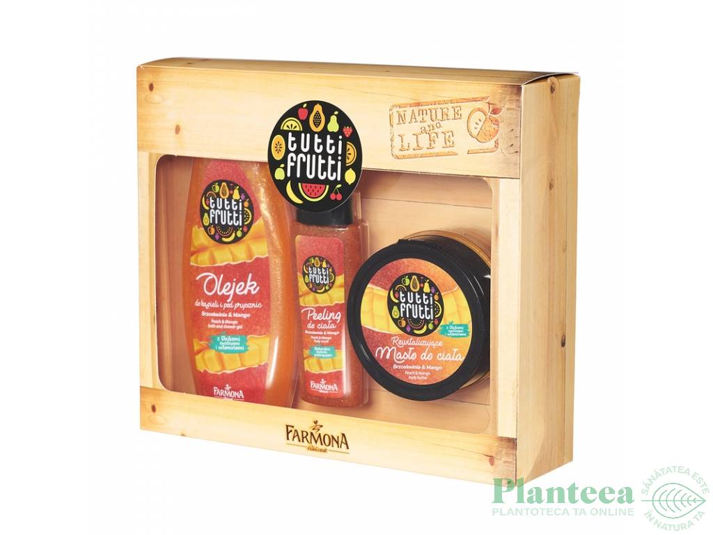 Set Cadou piersici mango [Ulei baie dus 425ml+Scrub dus 100ml+Unt corp 200ml] Tutti Frutti 3b - FARMONA