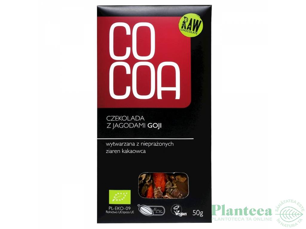 Ciocolata neagra 65% boabe cacao goji raw eco 50g - COCOA
