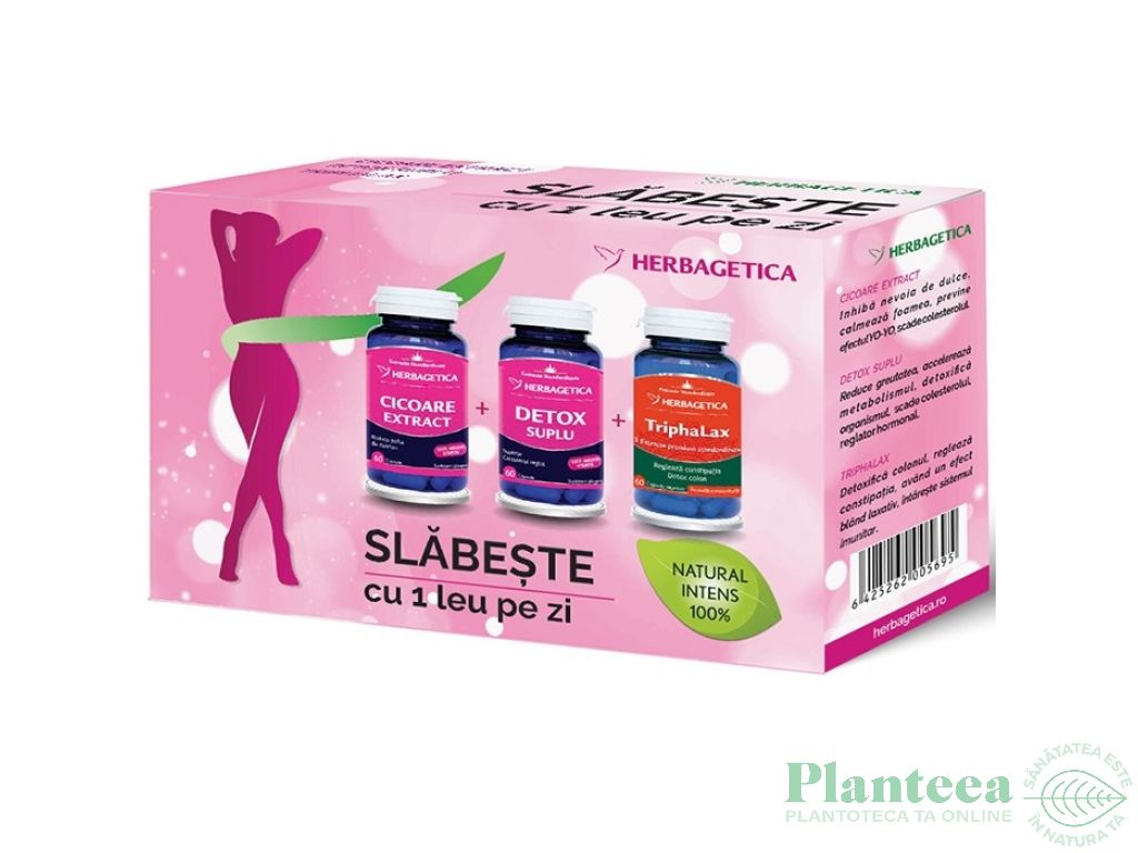 Kit Slabeste cu 1leu pe zi [Cicoare+Detox suplu+Triphalax] 3x60cps - HERBAGETICA