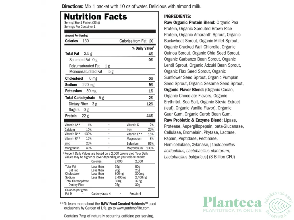 Pulbere proteica mix raw vegan ciocolata eco 10pl x 33g - GARDEN OF LIFE
