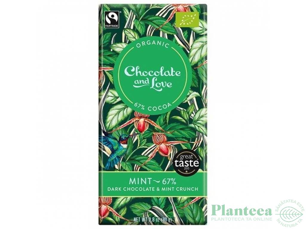 Ciocolata neagra 67% menta crocanta eco 100g - CHOCOLATE & LOVE