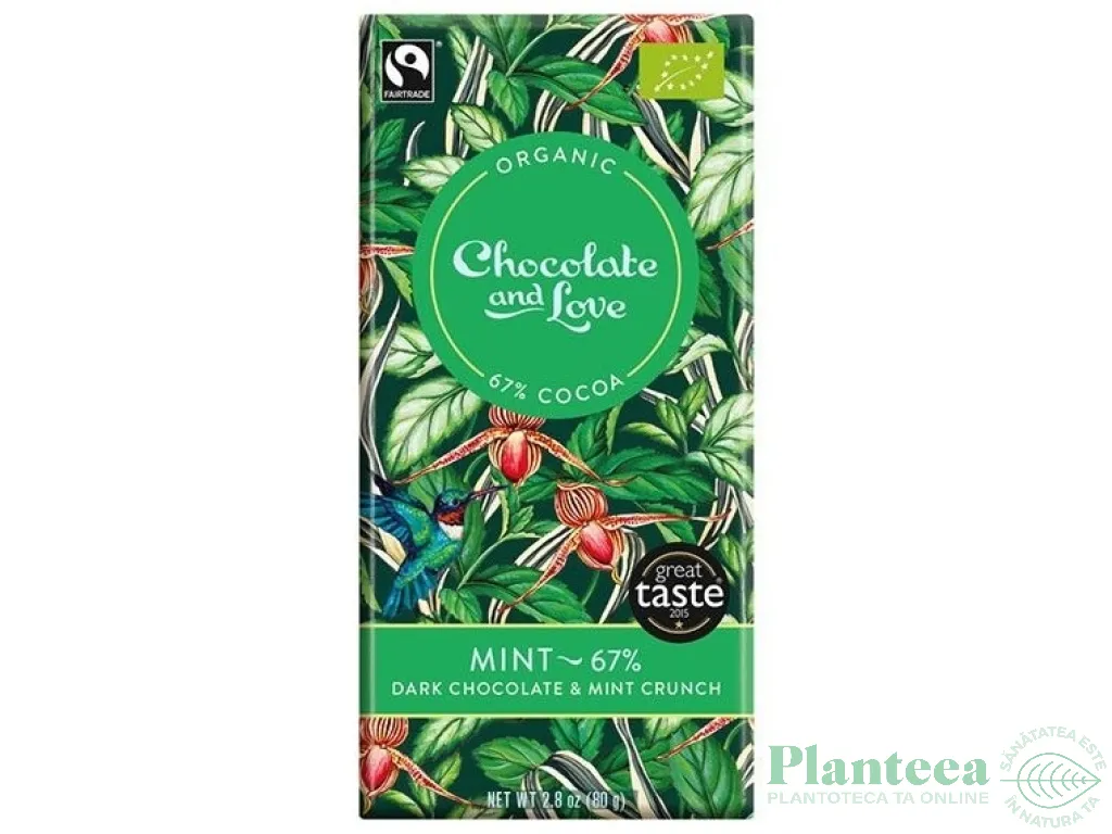 Ciocolata neagra 67% menta crocanta eco 100g - CHOCOLATE & LOVE
