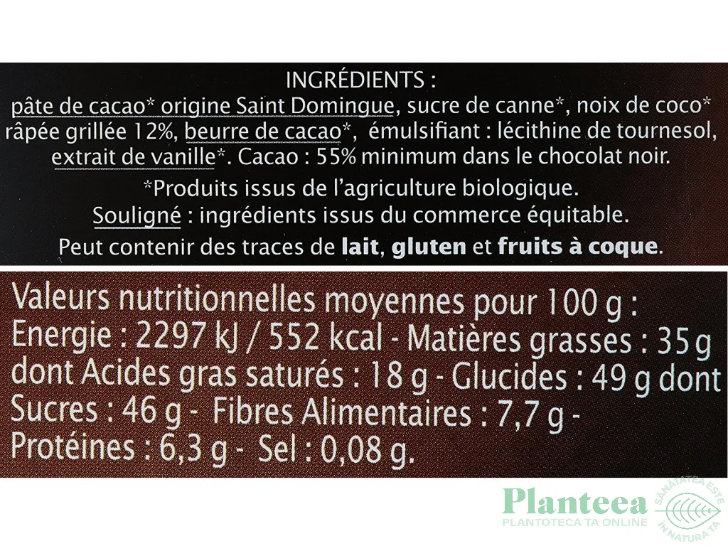 Ciocolata neagra 55% cocos eco 100g - JARDIN BIO
