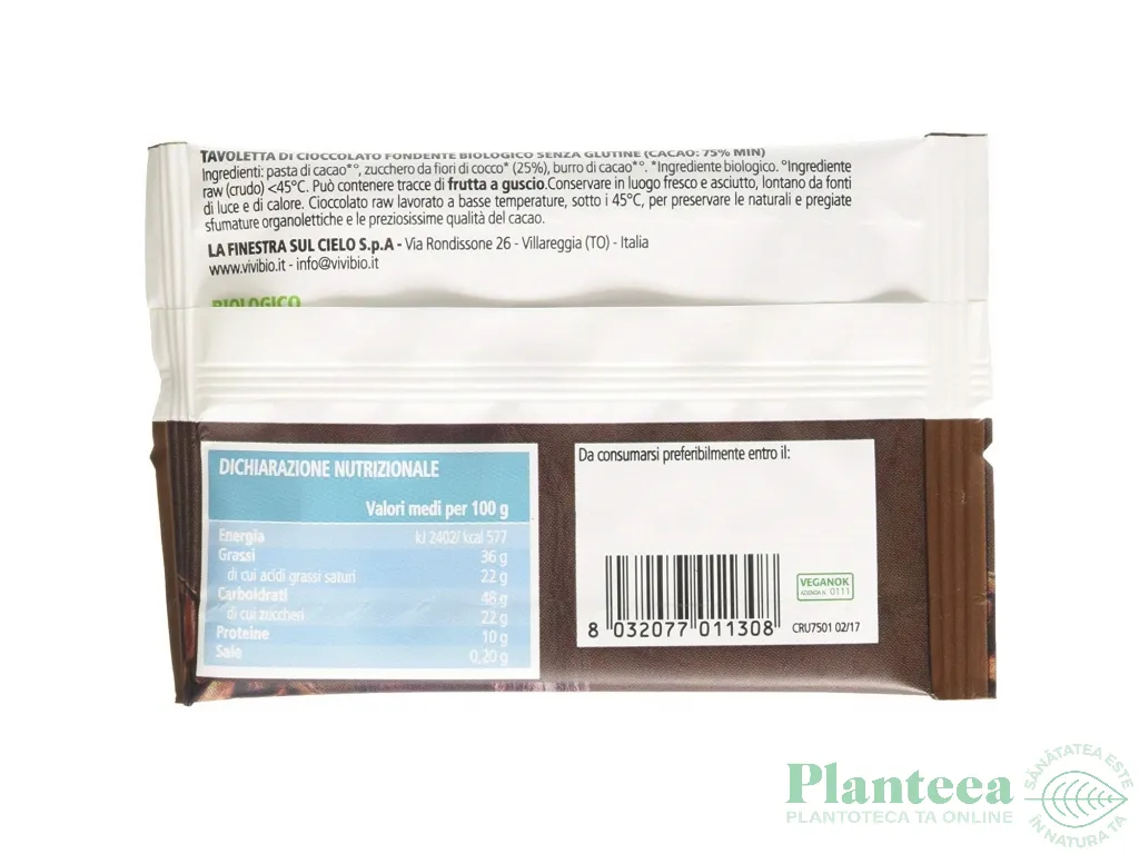 Ciocolata cruda 75%cacao fara gluten eco 30g - VIVIBIO