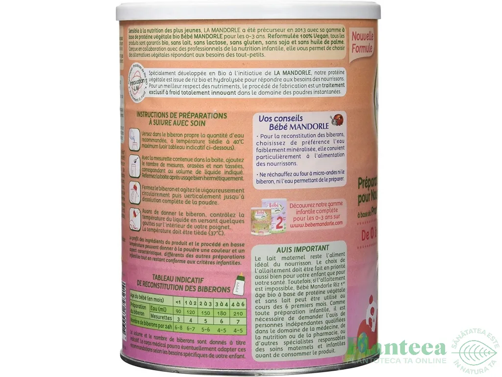 Lapte praf formula1 proteine orez bebelusi +0luni eco 800g - LA MANDORLE