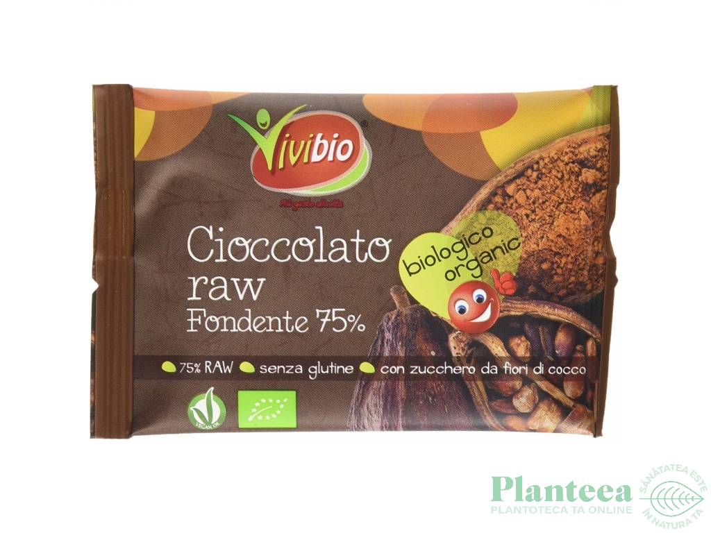 Ciocolata cruda 75%cacao fara gluten eco 30g - VIVIBIO