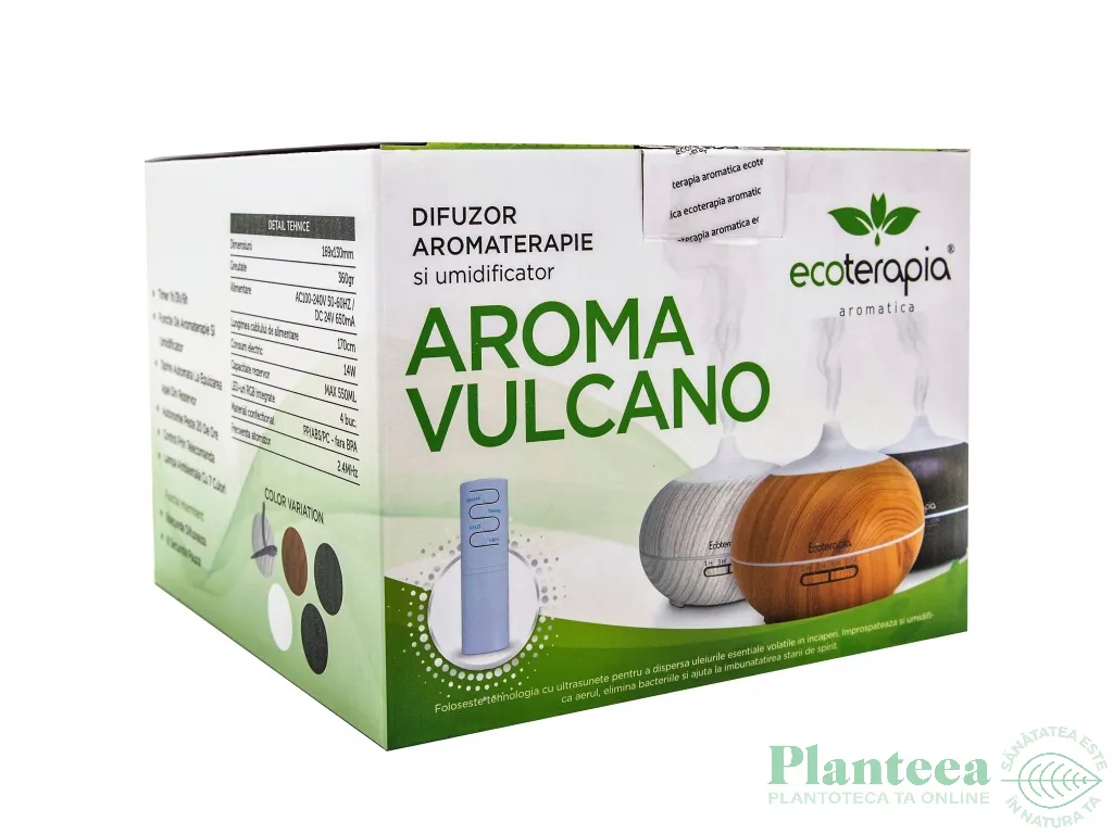 Difuzor ultrasonic aromaterapie multicolor Vulcano lemn inchis cu telecomanda 550ml - ECOTERAPIA