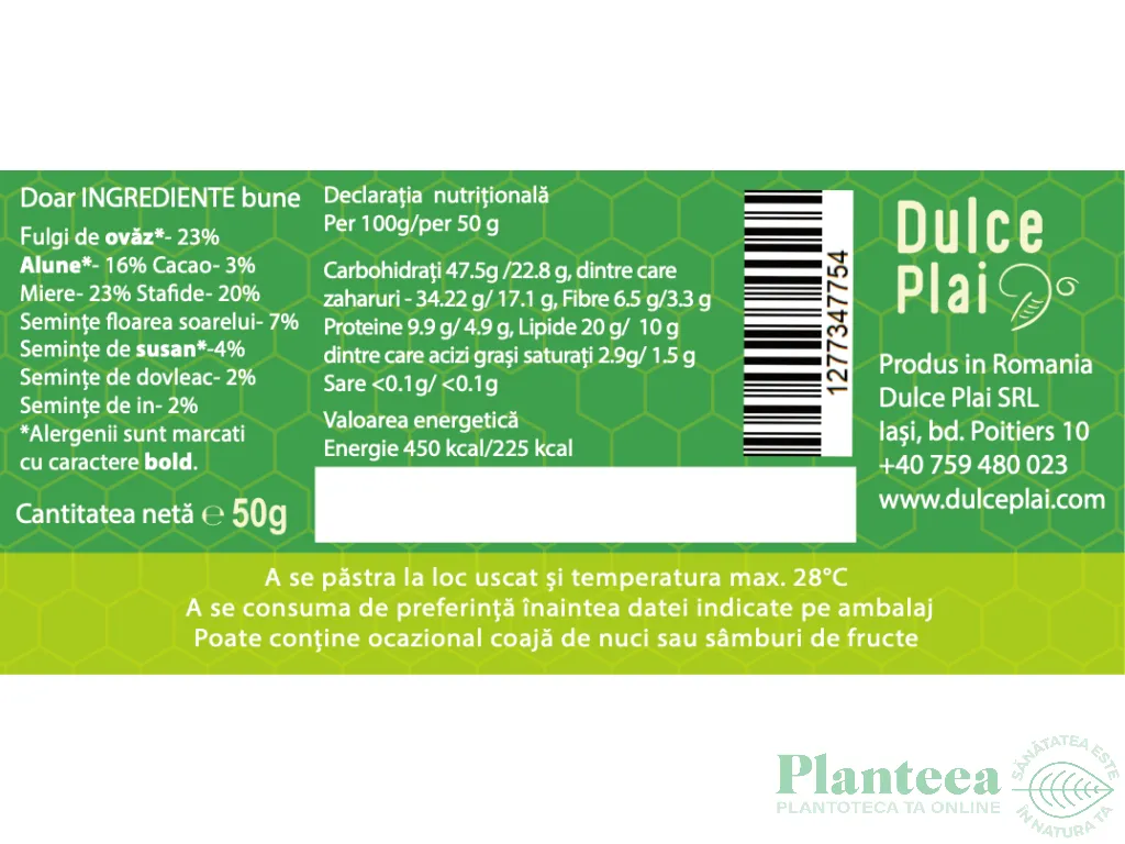Baton nutritiv miere alune cacao 50g - BATONASH
