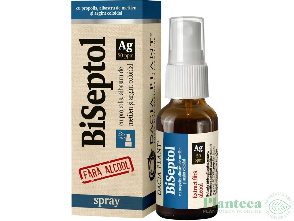 Spray gat BiSeptol Ag 50ppm propolis albastru metilen fara alcool 20ml - DACIA PLANT