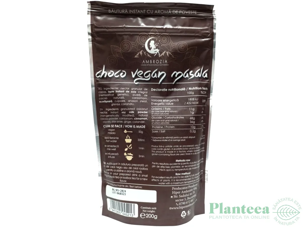 Ciocolata calda instant vegana masala fara zahar 200g - AMBROZIA