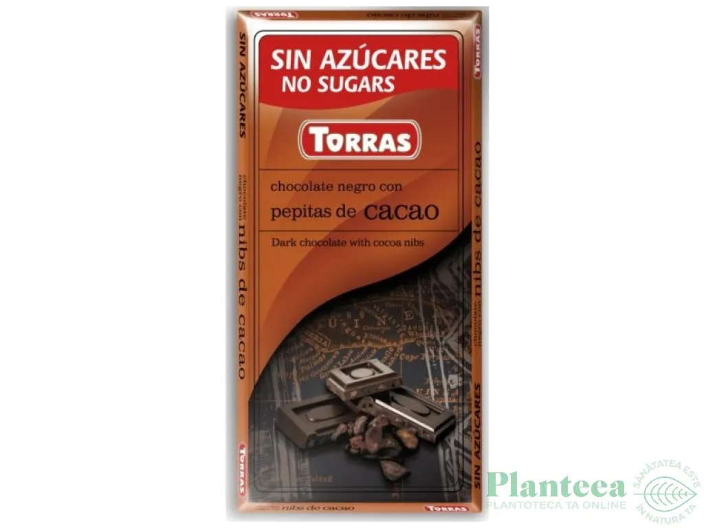 Ciocolata neagra 54%cacao nibs fara zahar fara gluten 75g - TORRAS