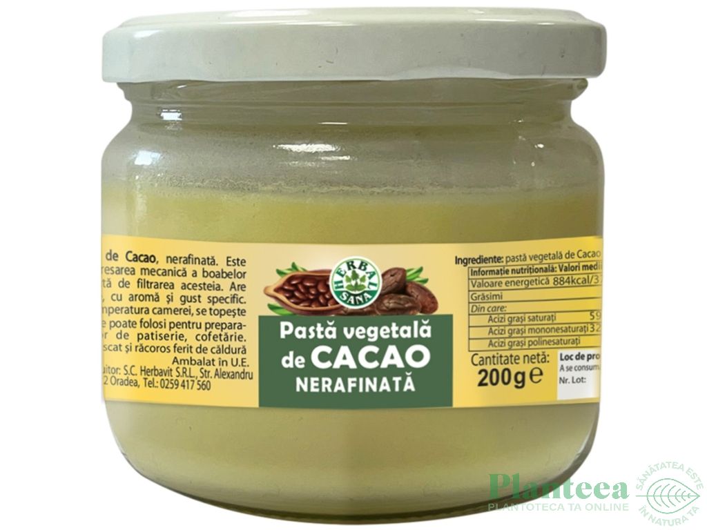 Pasta vegetala cacao nerafinata 200g - HERBAL SANA