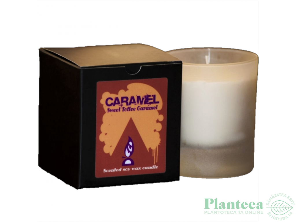 Candela sticla ceara soia 40h Caramel 130g - D`ECO