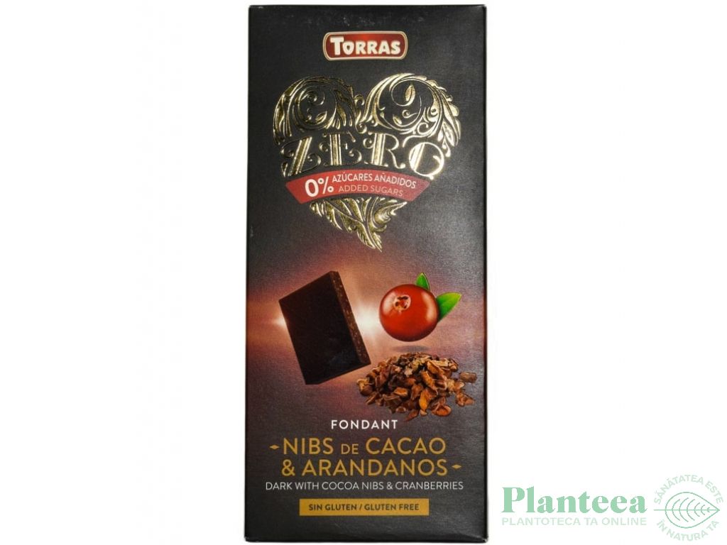 Ciocolata neagra 52%cacao nibs merisoare fara zahar 125g - TORRAS