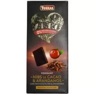 Ciocolata neagra 52%cacao nibs merisoare fara zahar 125g - TORRAS