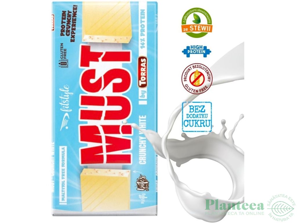 Ciocolata alba crunchy white 14% proteine soia fara zahar fara gluten Must 100g - FITSTYLE