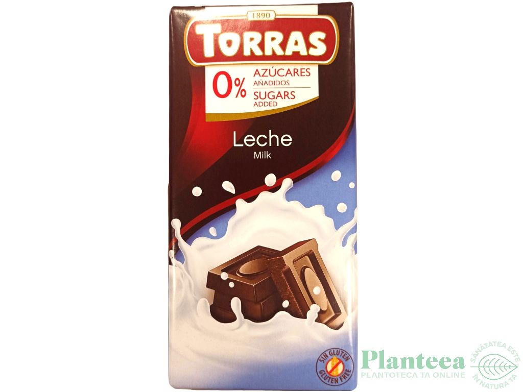 Ciocolata lapte integral fara zahar fara gluten 75g - TORRAS
