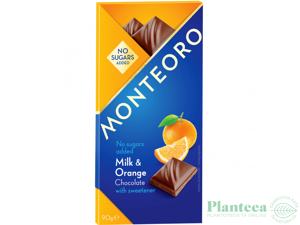 Ciocolata lapte cu portocale fara zahar 90g - MONTEORO