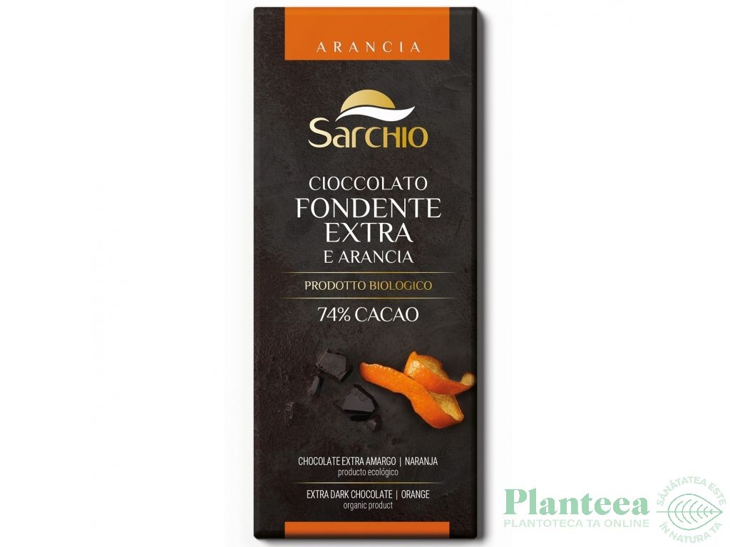 Ciocolata neagra fondanta 74%cacao extra portocala eco 80g - SARCHIO
