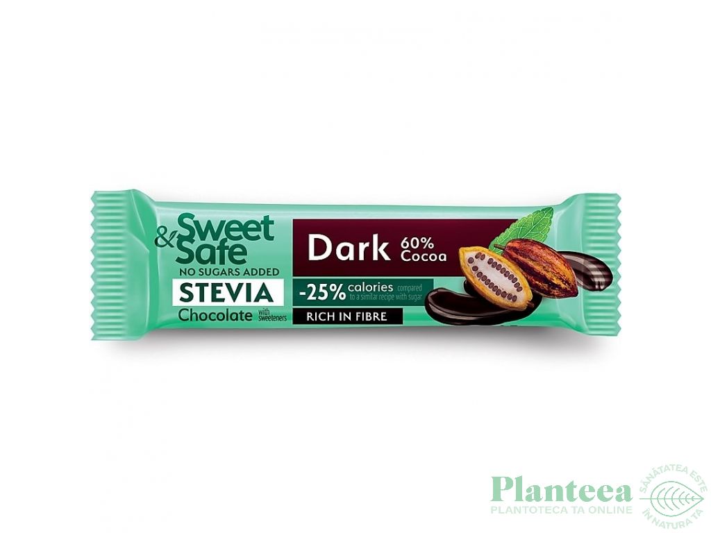 Ciocolata amaruie 60%cacao stevia 25g - SWEET&SAFE