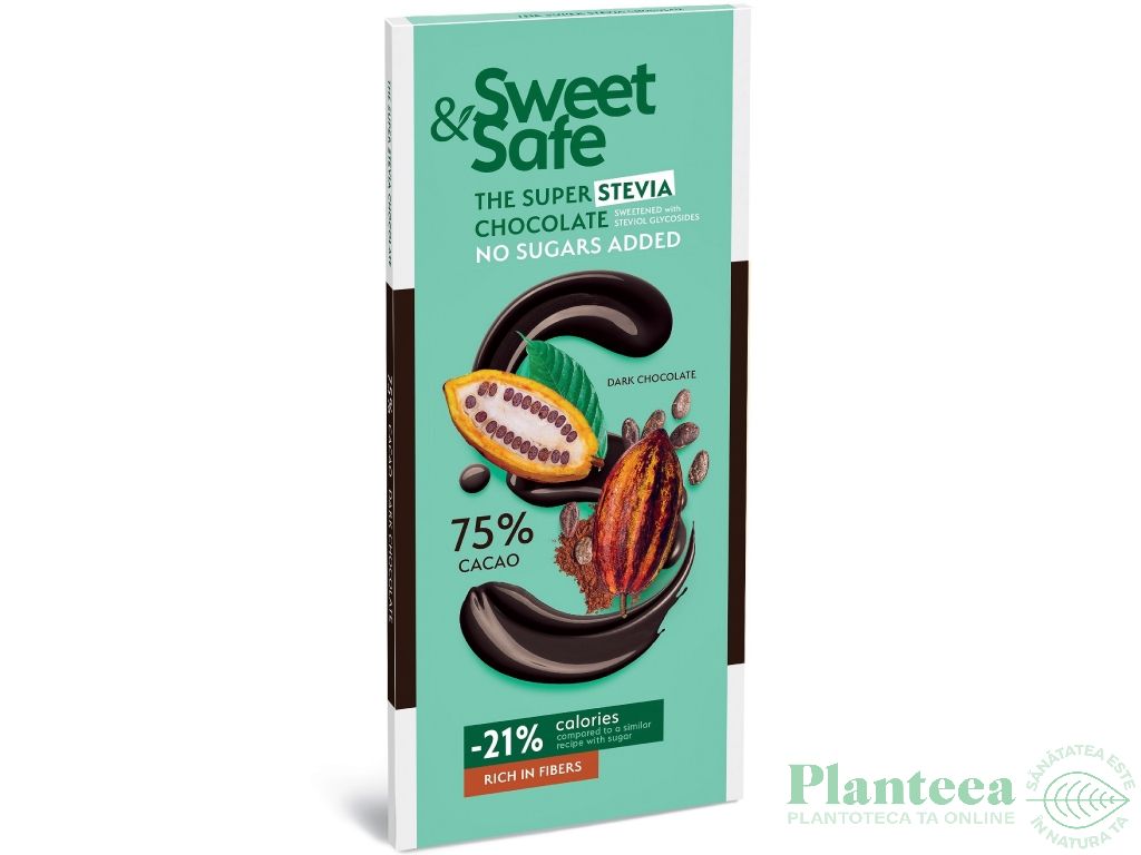Ciocolata amaruie 75%cacao stevia 90g - SWEET&SAFE