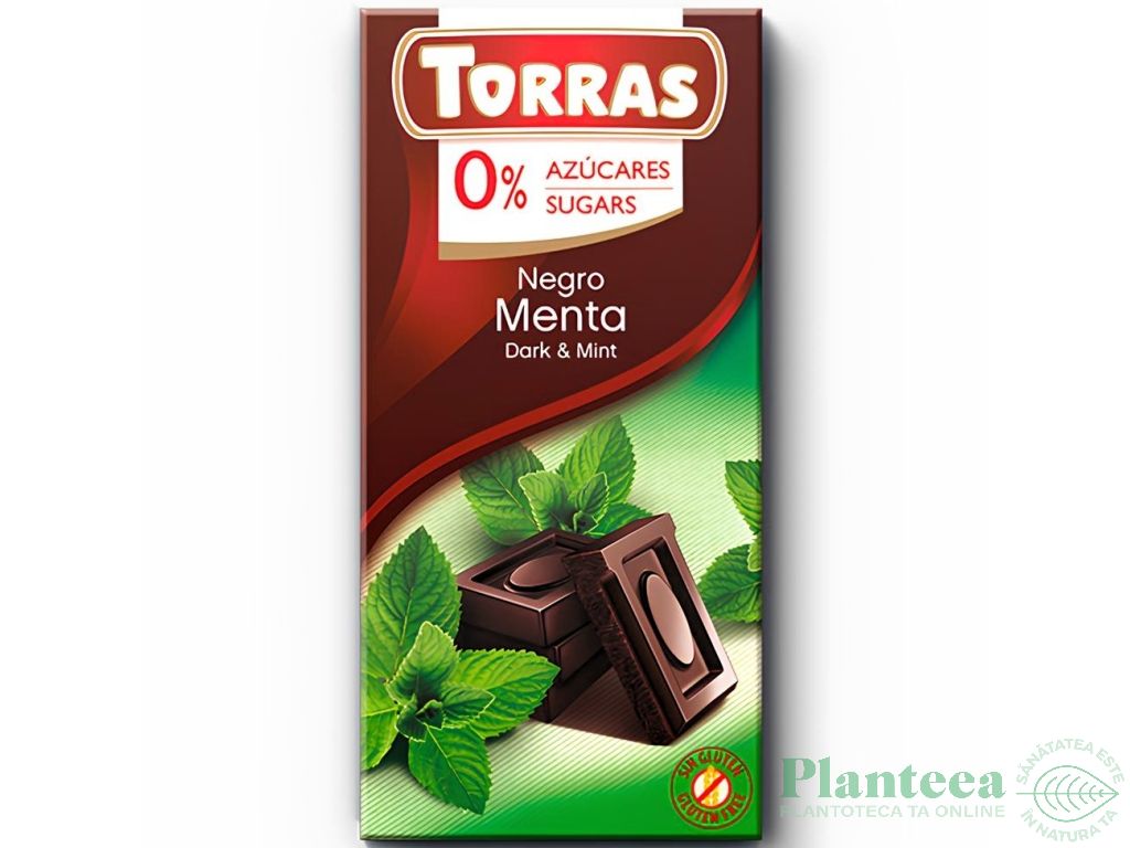 Ciocolata neagra 52%cacao menta fara zahar fara gluten 75g - TORRAS