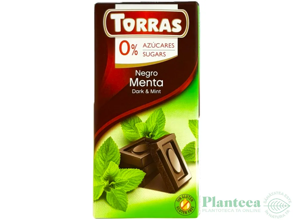 Ciocolata neagra 52%cacao menta fara zahar fara gluten 75g - TORRAS