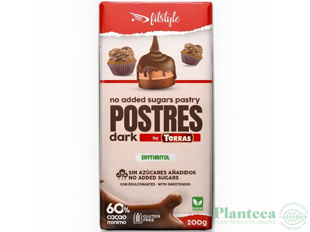 Ciocolata neagra 60%cacao pentru prajituri eritritol stevia fara zahar fara gluten 200g - FITSTYLE