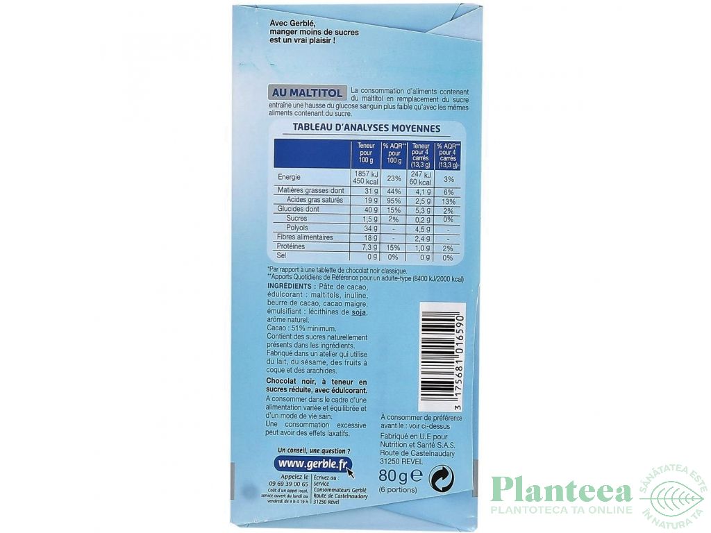 Ciocolata neagra 51%cacao Glucoregul 80g - GERBLE