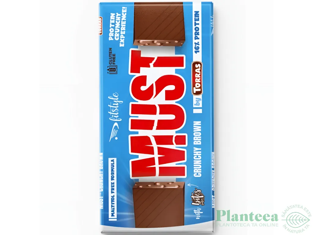 Ciocolata lapte crunchy brown 16% proteine soia fara zahar fara gluten Must 100g - FITSTYLE