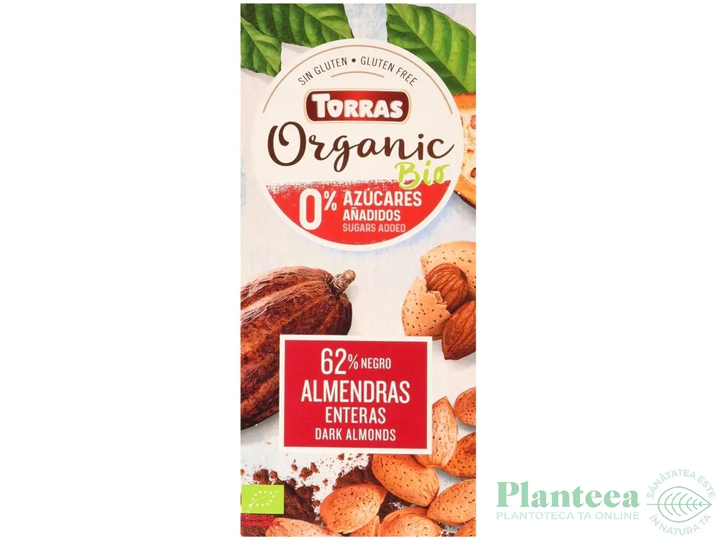 Ciocolata neagra 62%cacao migdale intregi fara zahar fara gluten bio 150g - TORRAS